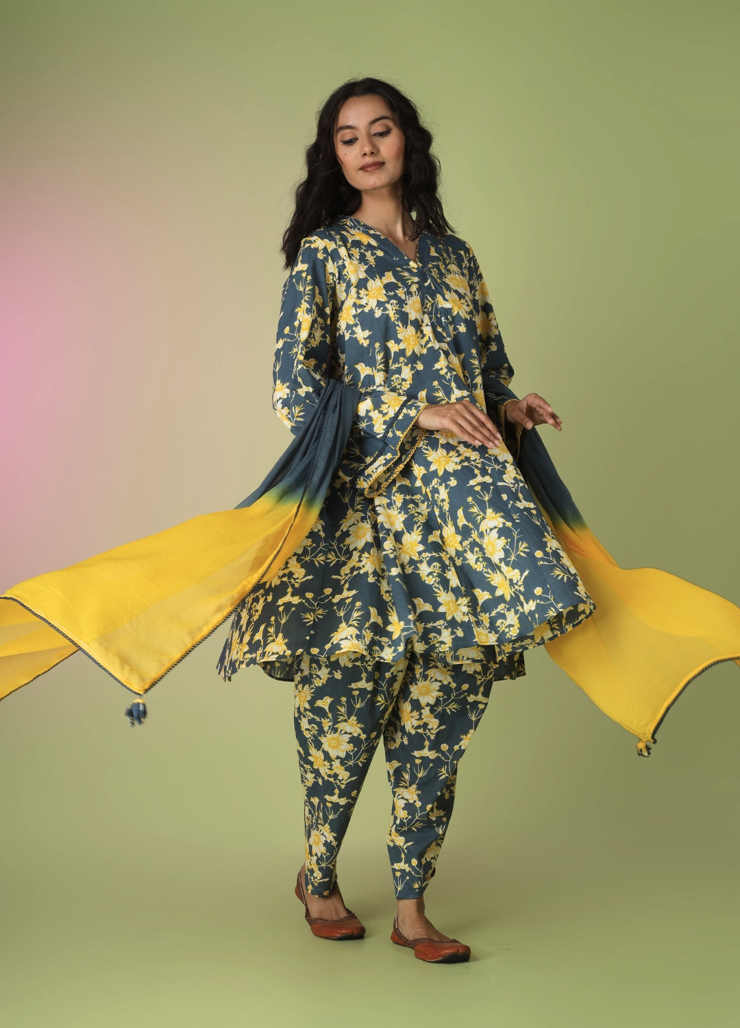 Blue Short Kurta with Tulip Pant Suit Set | JOVI India