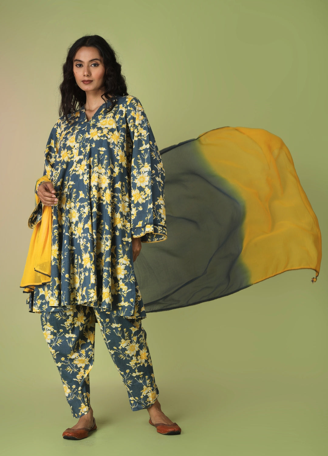 Blue Short Kurta with Tulip Pant Suit Set | JOVI India