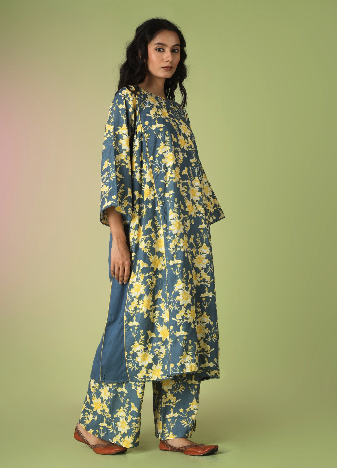 Blue Printed Side Gathered Anarkali Set | JOVI India