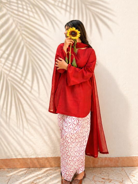 Red Short Kurta with Farshi Shalwar Suit Set - JOVI India | Jovi India