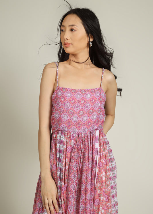 Pink Printed Body Gathered Dress | Jovi Fashion India