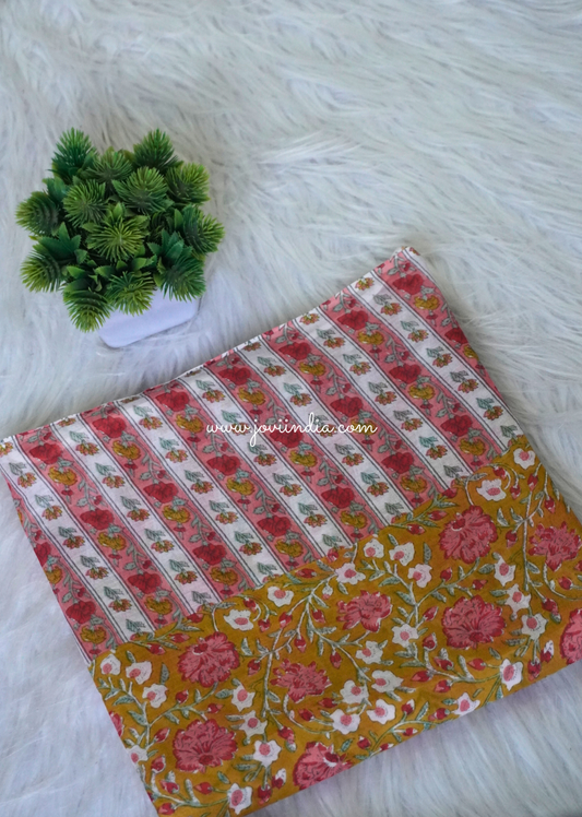 Orange floral Mulmul Block Printed Fabric | Jovi Fashion India