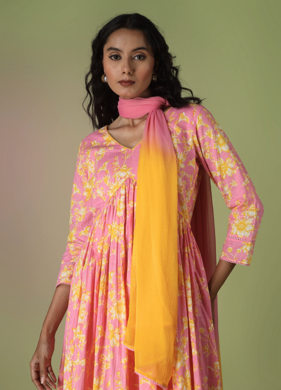 Pink Printed Cross Anarkali Suit Set | JOVI India