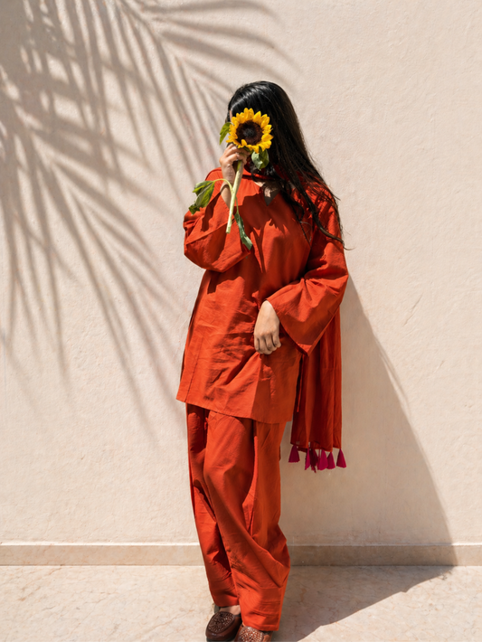 Orange Short Kurta with Farshi Shalwar Suit Set - JOVI India | Jovi India
