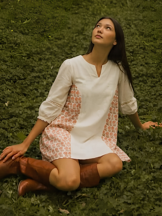 White Side Printed Gather Dress