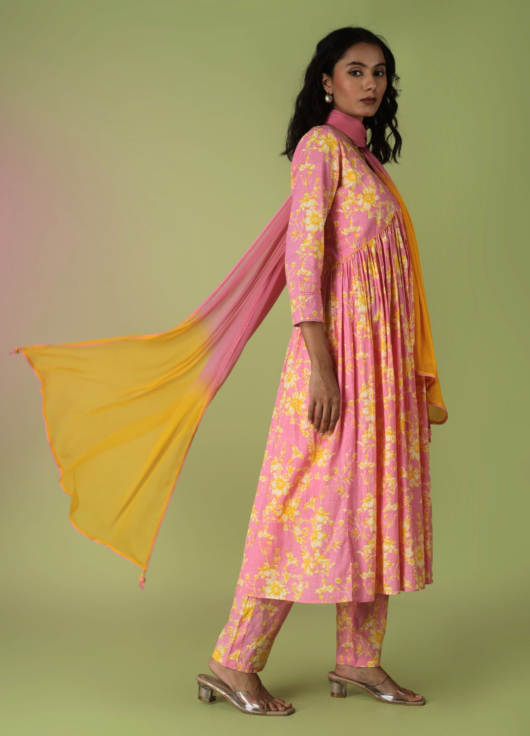 Pink Printed Cross Anarkali Suit Set | JOVI India