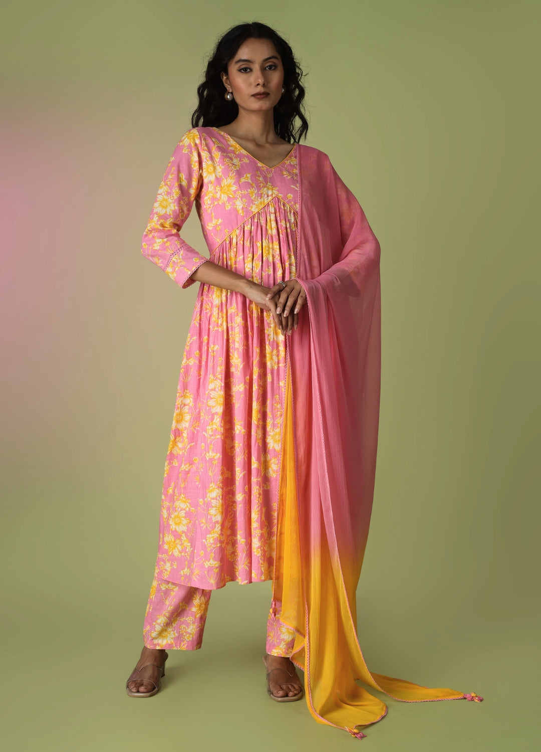 Pink Printed Cross Anarkali Suit Set | JOVI India