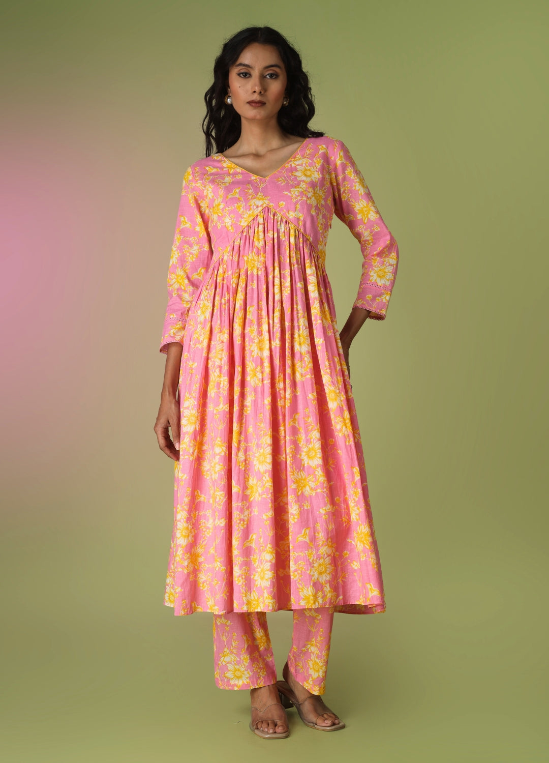 Pink Printed Cross Anarkali Suit Set | JOVI India