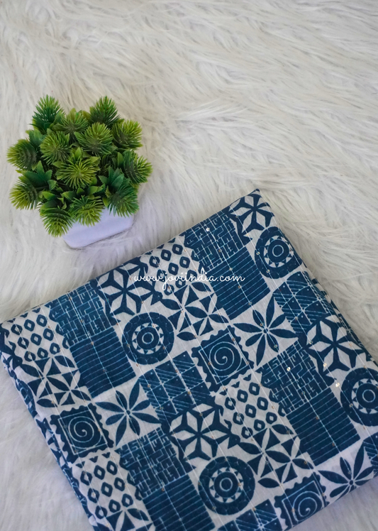 Blue Motif Muslin Silk Block Printed Fabric | Jovi Fashion India