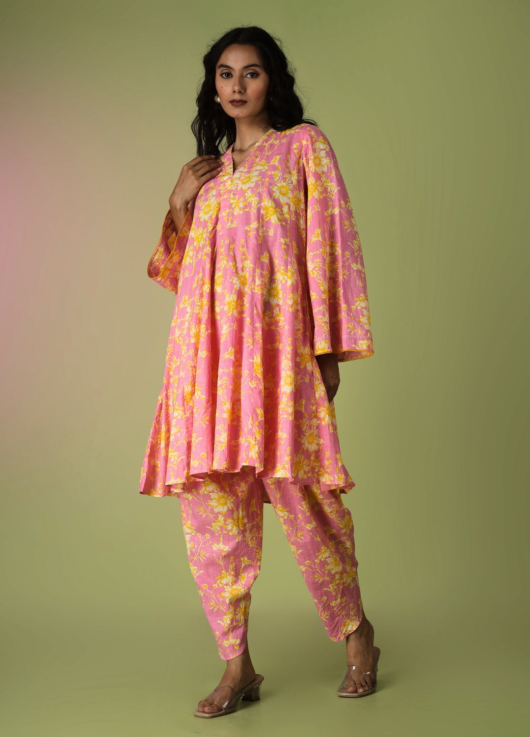 Pink Printed Short Kurta with Tulip Pants | JOVI India