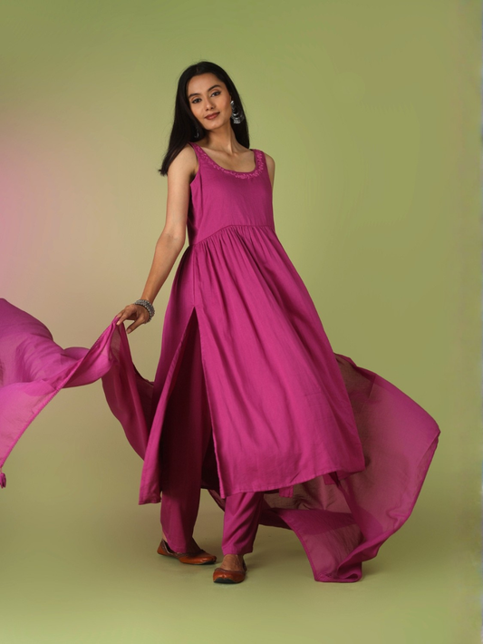 Raspberry Round Neck Anarkali Suit Set | Jovi India