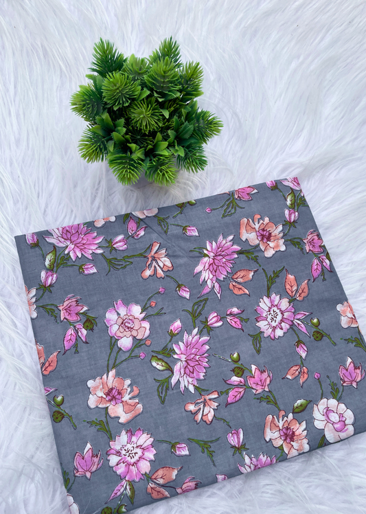 Grey Floral Printed Cotton Fabric | Jovi India