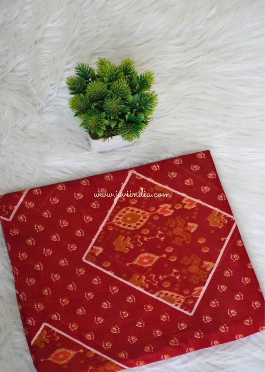 Orange Square Block Cotton Mulmul Ikkat Fabric | Jovi Fashion India