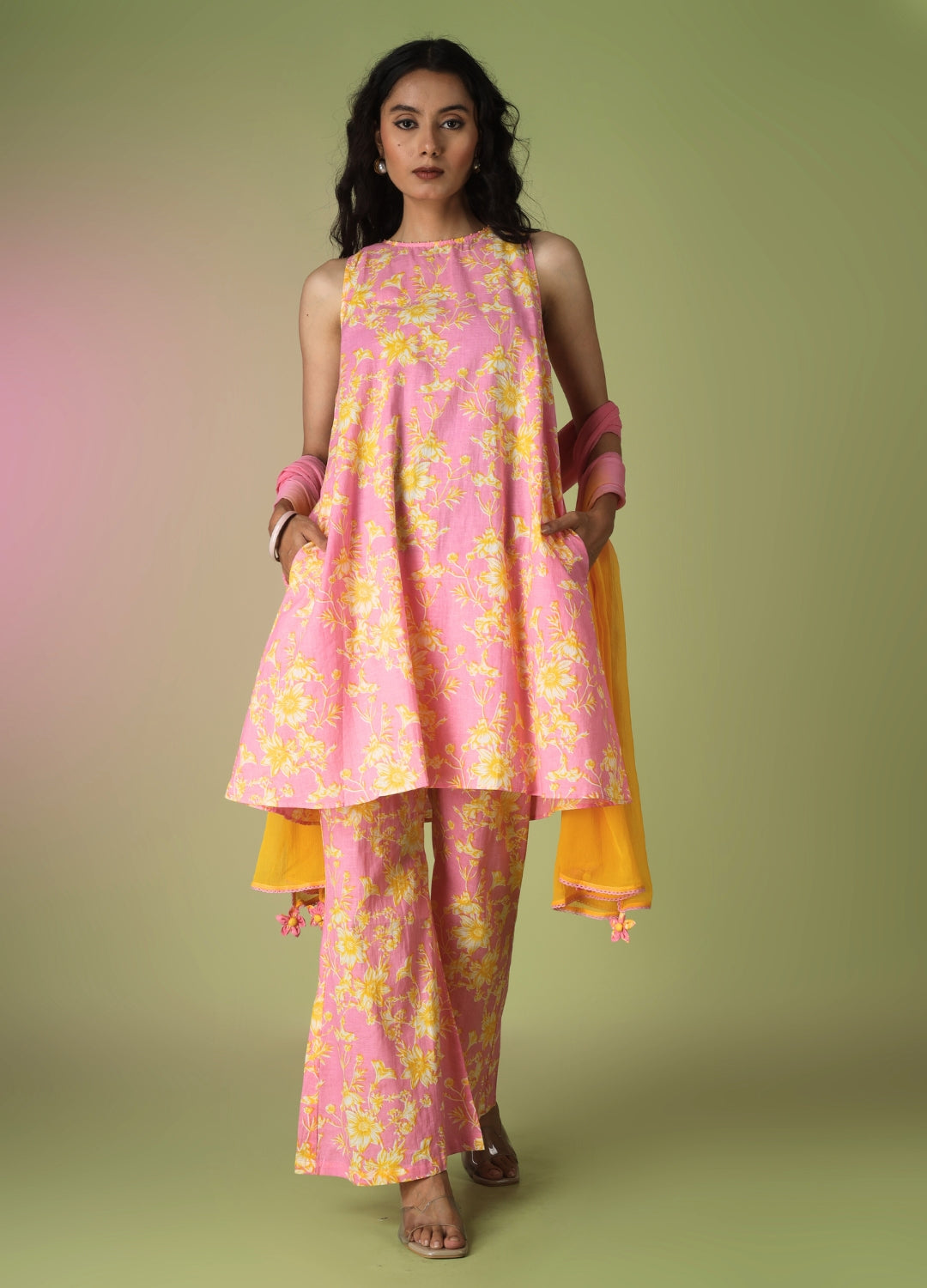 Pink Sleeveless Kurta with Flared Pants | JOVI India