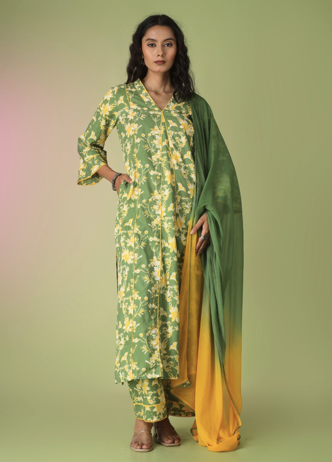 Green Printed Collar Neck Anarkali Set | JOVI India