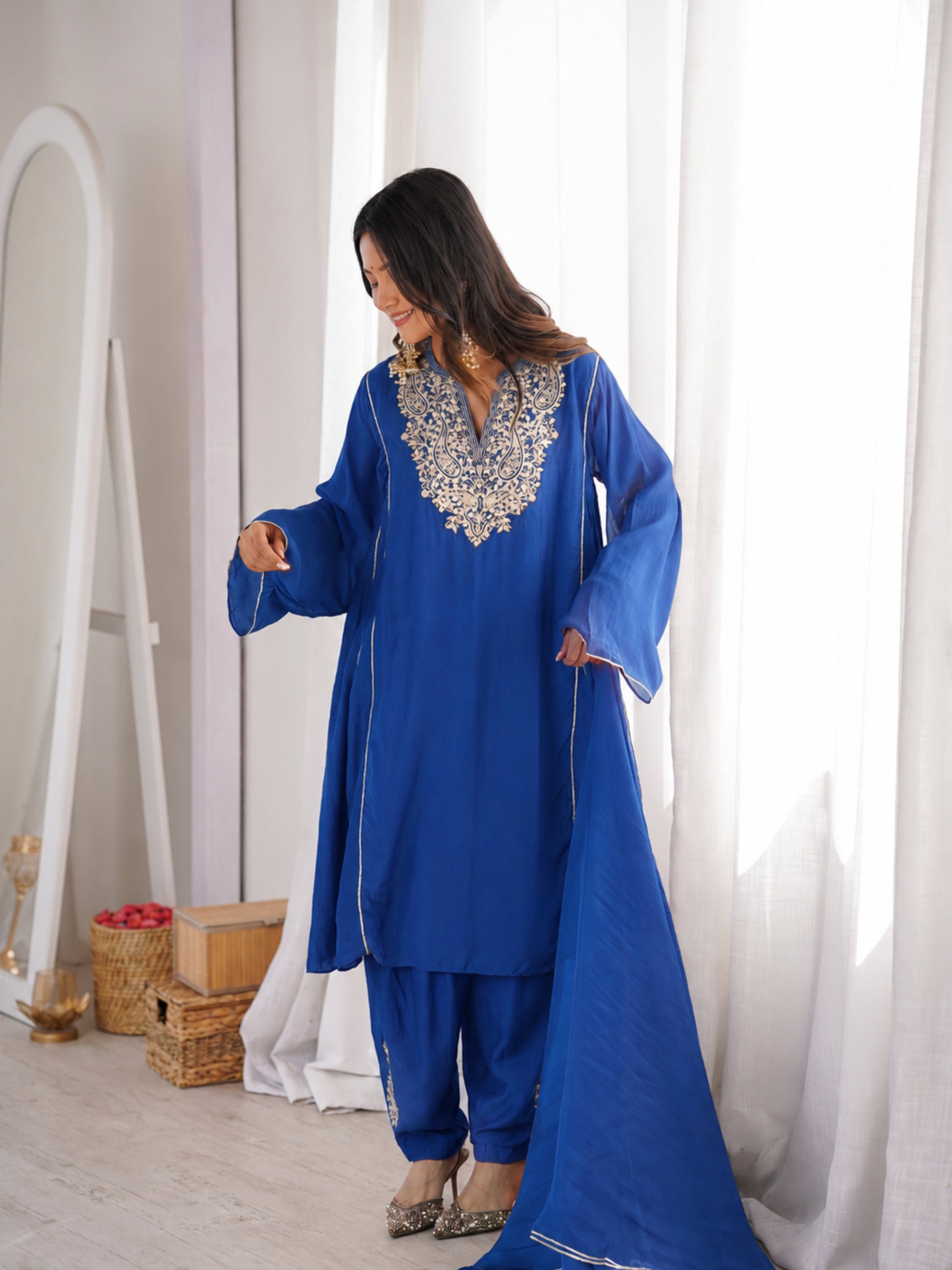 Blue Embroidered Ethnic Kurta Set for Women by JOVI India