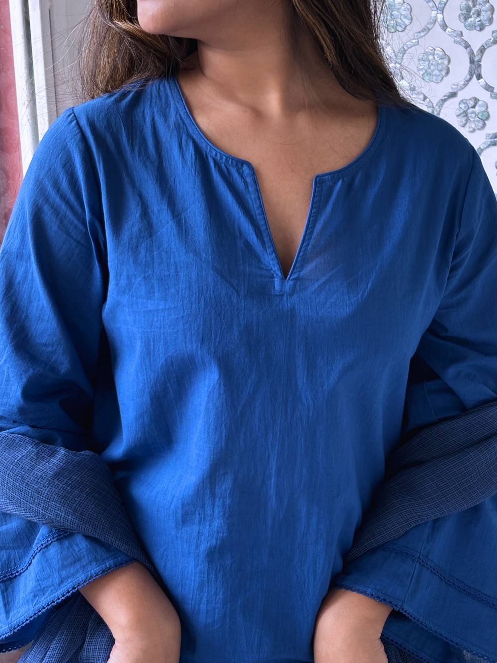 Elegant Royal Blue Indian Cotton Kurta Set with Matching Farshi Pants by JOVI India