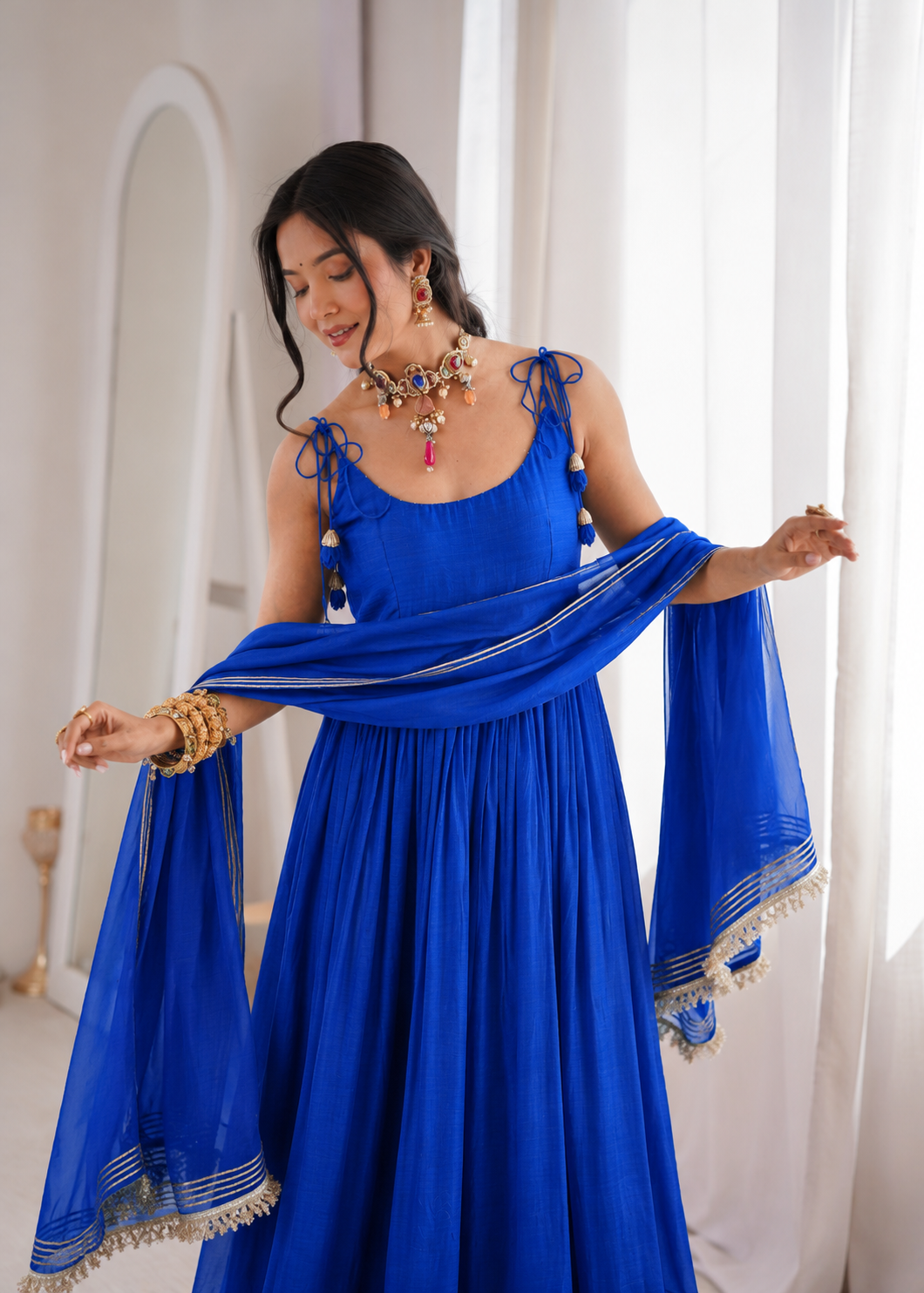Women's Royal Blue Anarkali Suit Set with Matching Dupatta by JOVI India