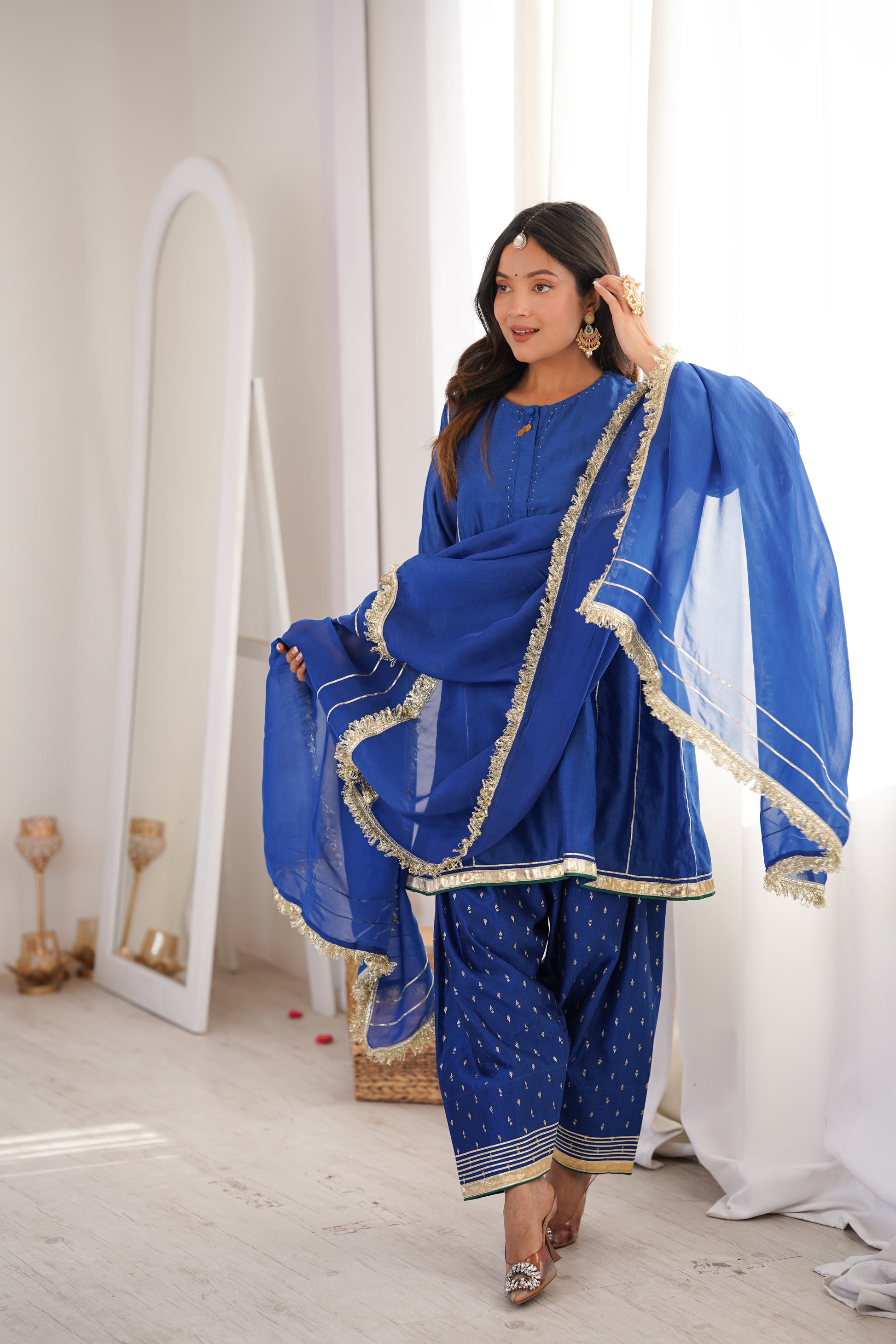 Women's Royal Blue Straight Kurta with Elegant Dupatta and Matching Pants by JOVI India
