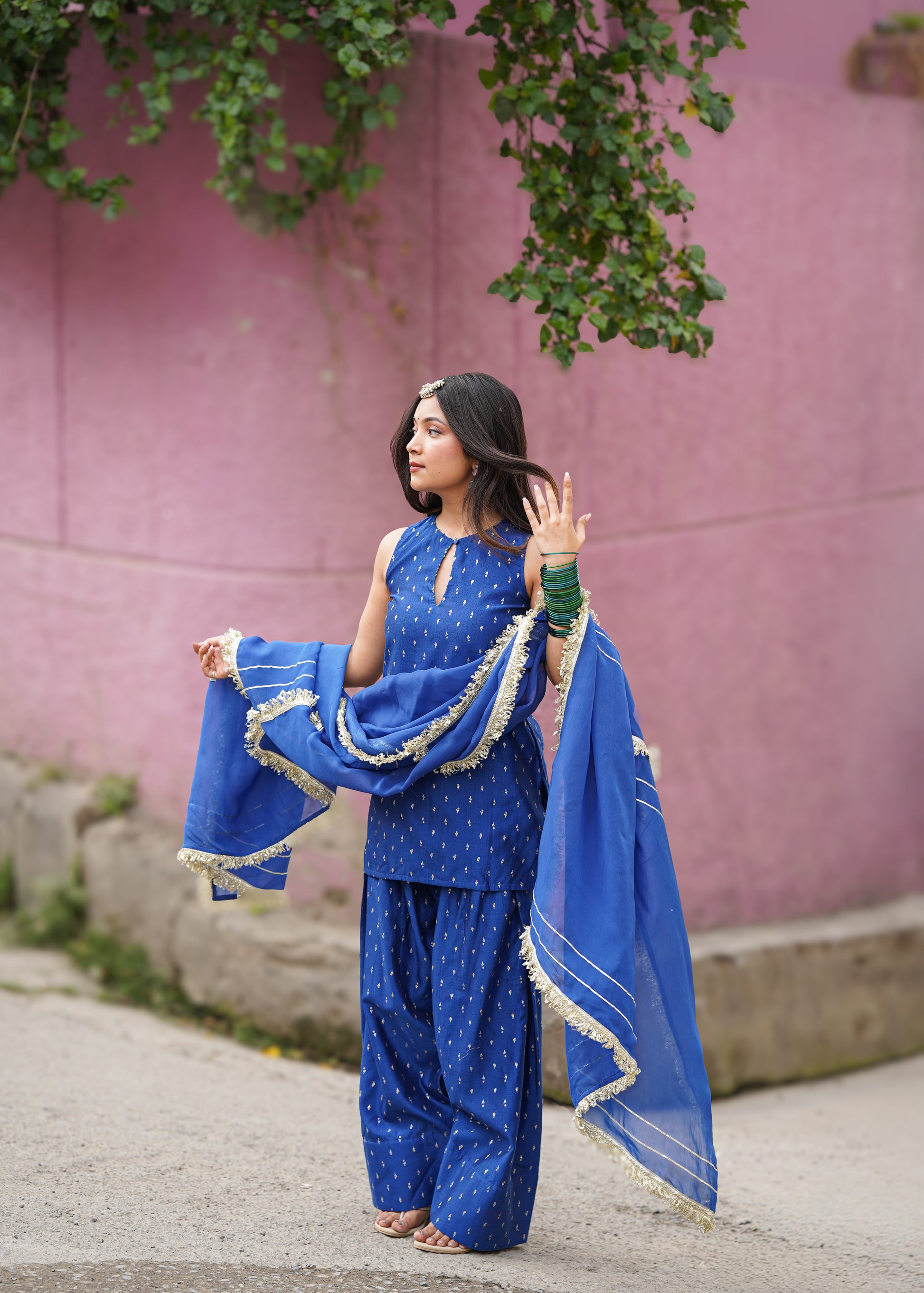 Blue Sleeveless Ethnic Kurta Set with Matching Dupatta by JOVI India