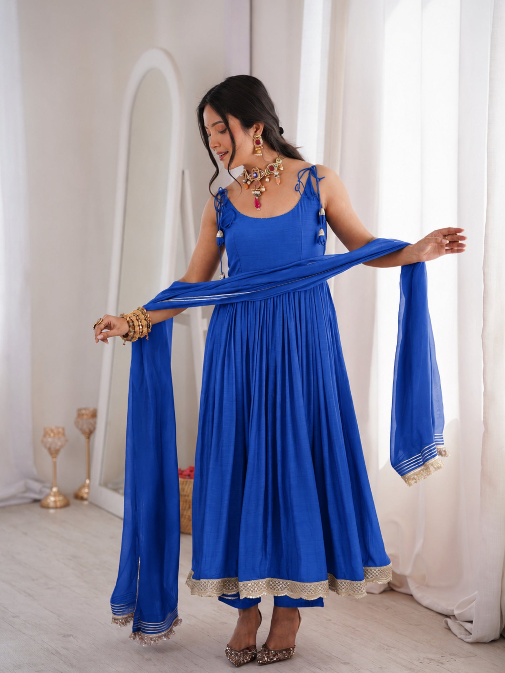 Women's Designer Blue Three-Piece Kurta Set with Straight Pants and Dupatta by JOVI India