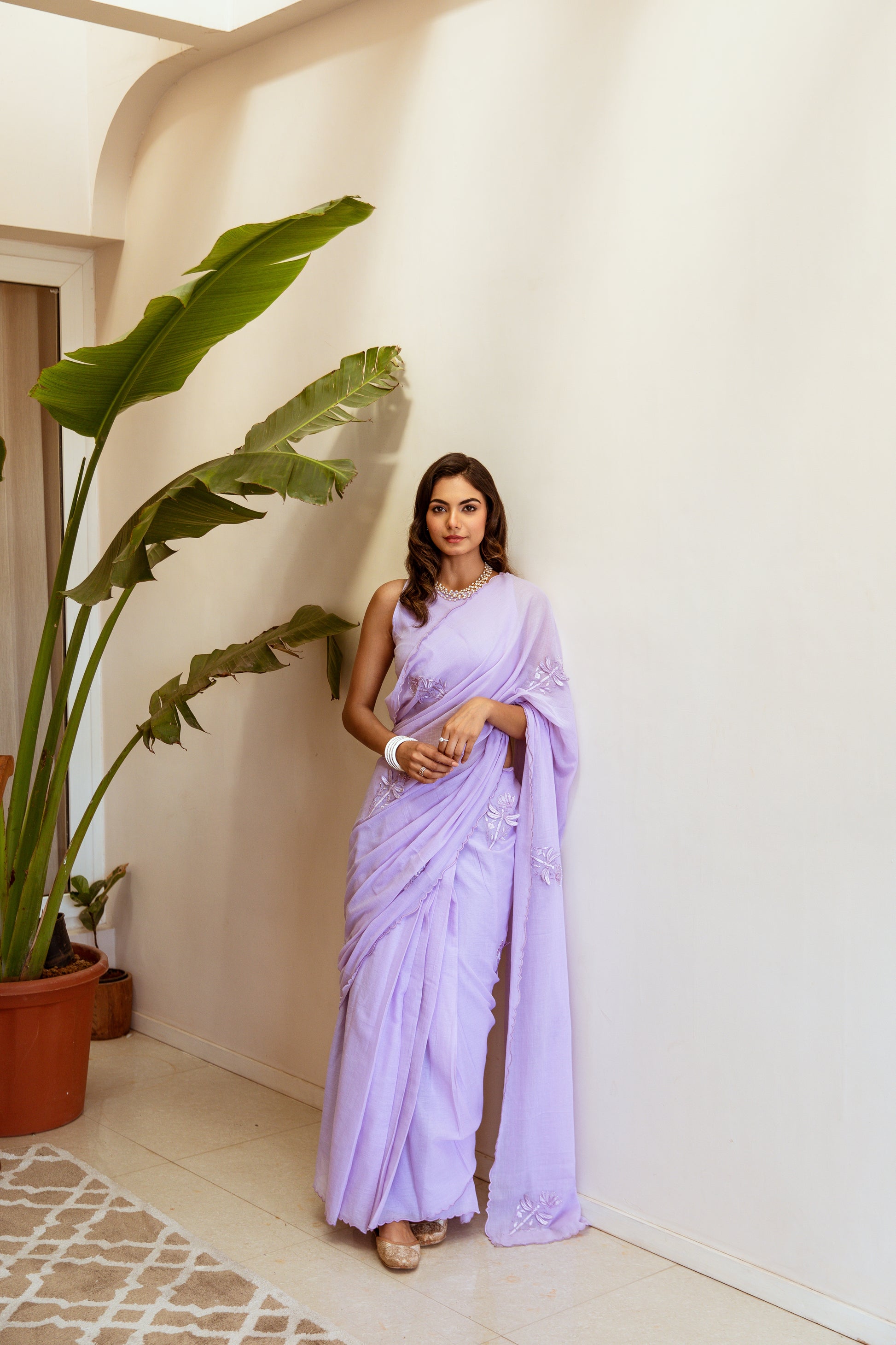 Lilac Embroidered Ready to Wear Saree | JOVI India