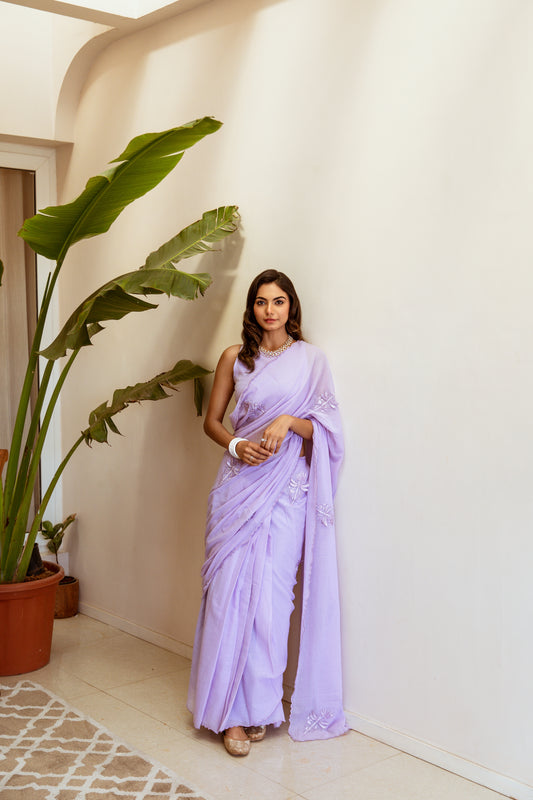 Lilac Embroidered Ready to Wear Saree | Jovi India