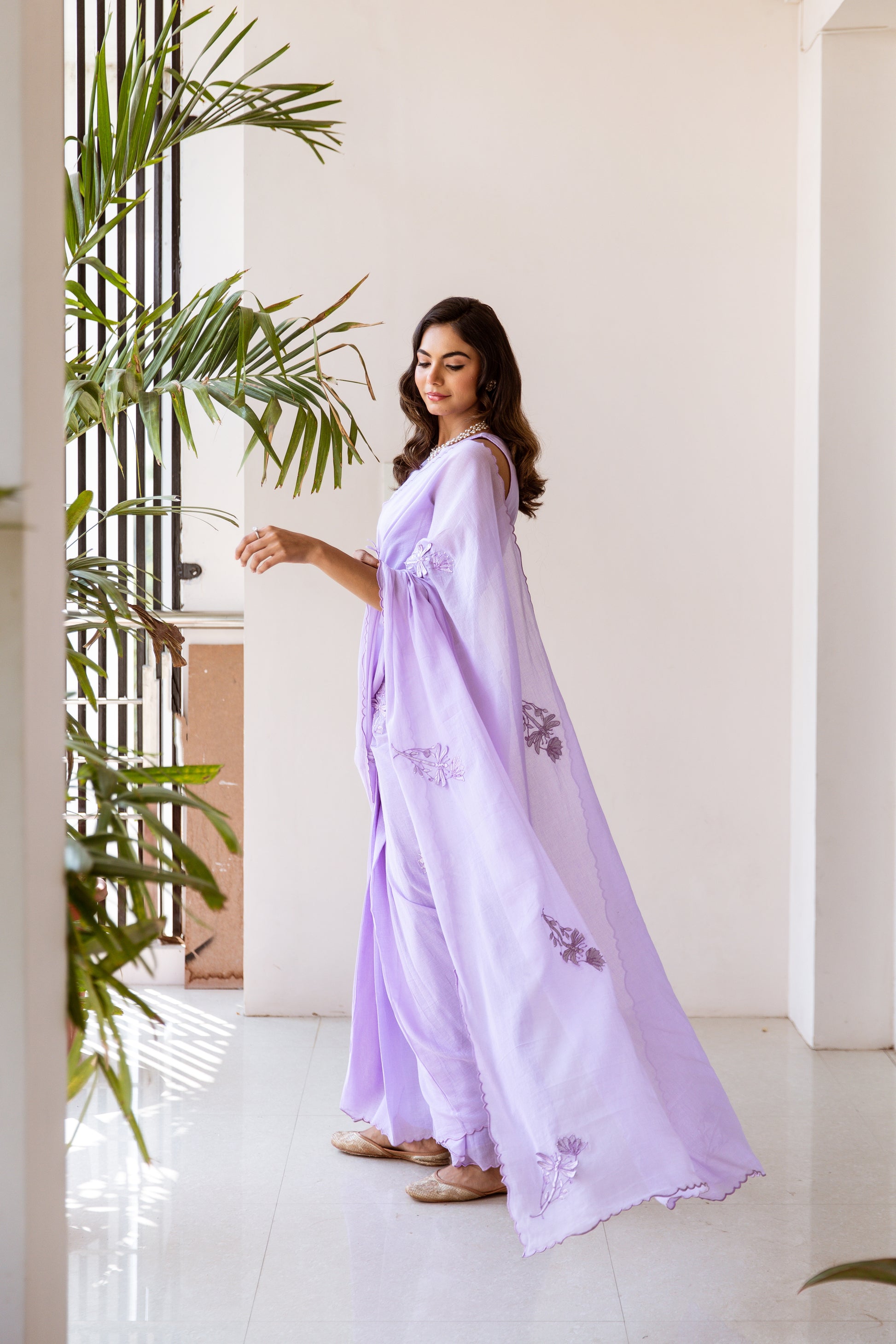 Lilac Embroidered Ready to Wear Saree | JOVI India