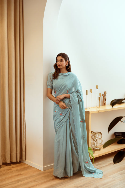 Powder Blue Embroidered Ready to Wear Saree | Jovi Fashion India