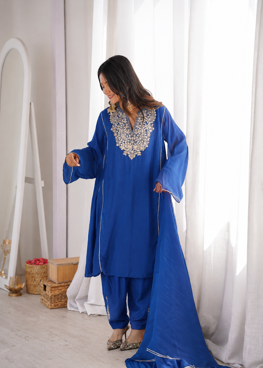 Royal Blue Chanderi Anti-fit Suit Set | JOVI India