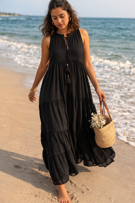 Black Ruffled Collar Maxi Dress | Jovi India