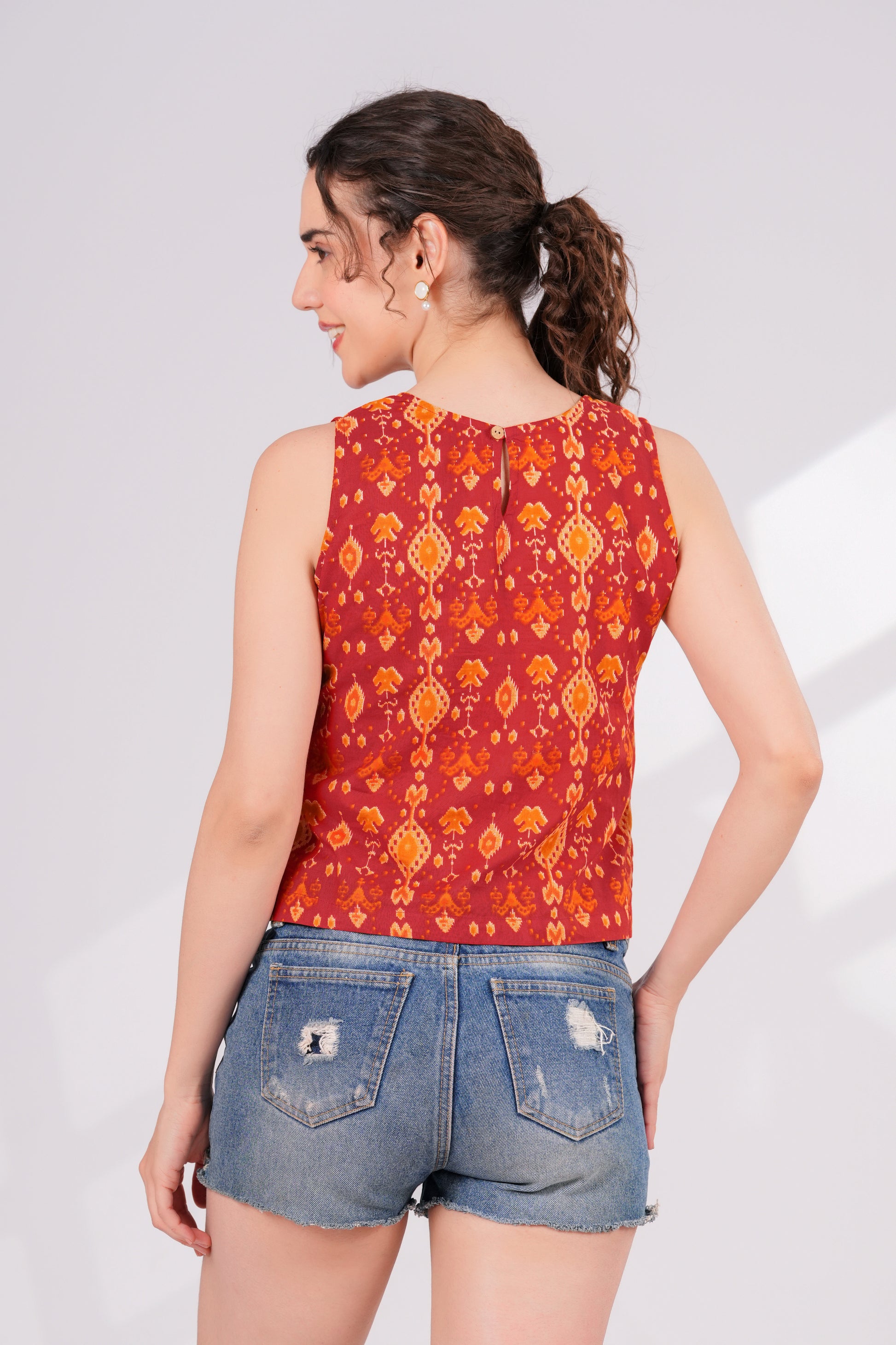 Orange Ikkat Back Key Hole Top | JOVI India