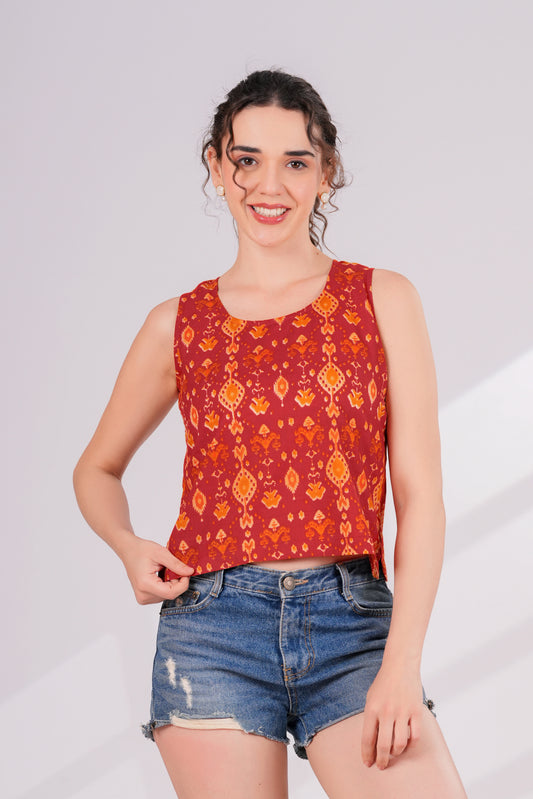 Orange Ikkat Back Key Hole Top | Jovi India