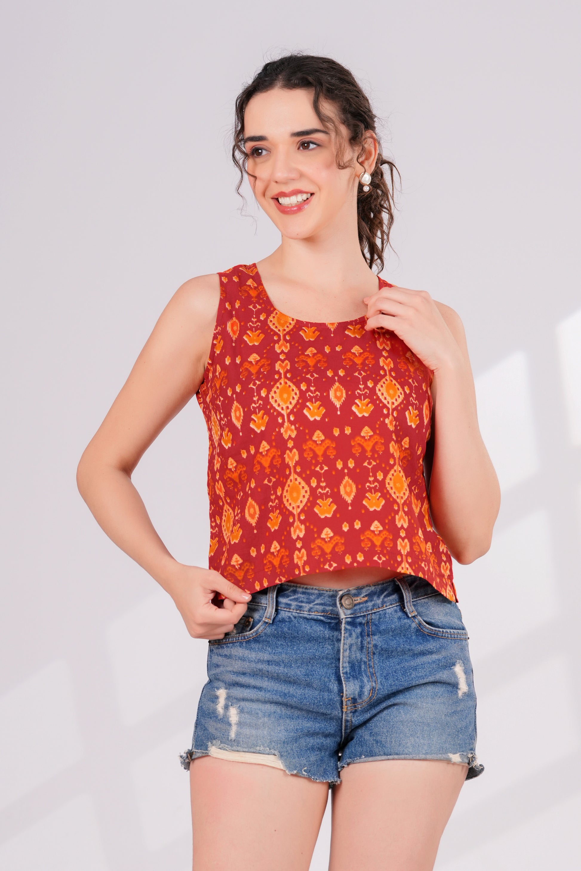Orange Ikkat Back Key Hole Top | JOVI India