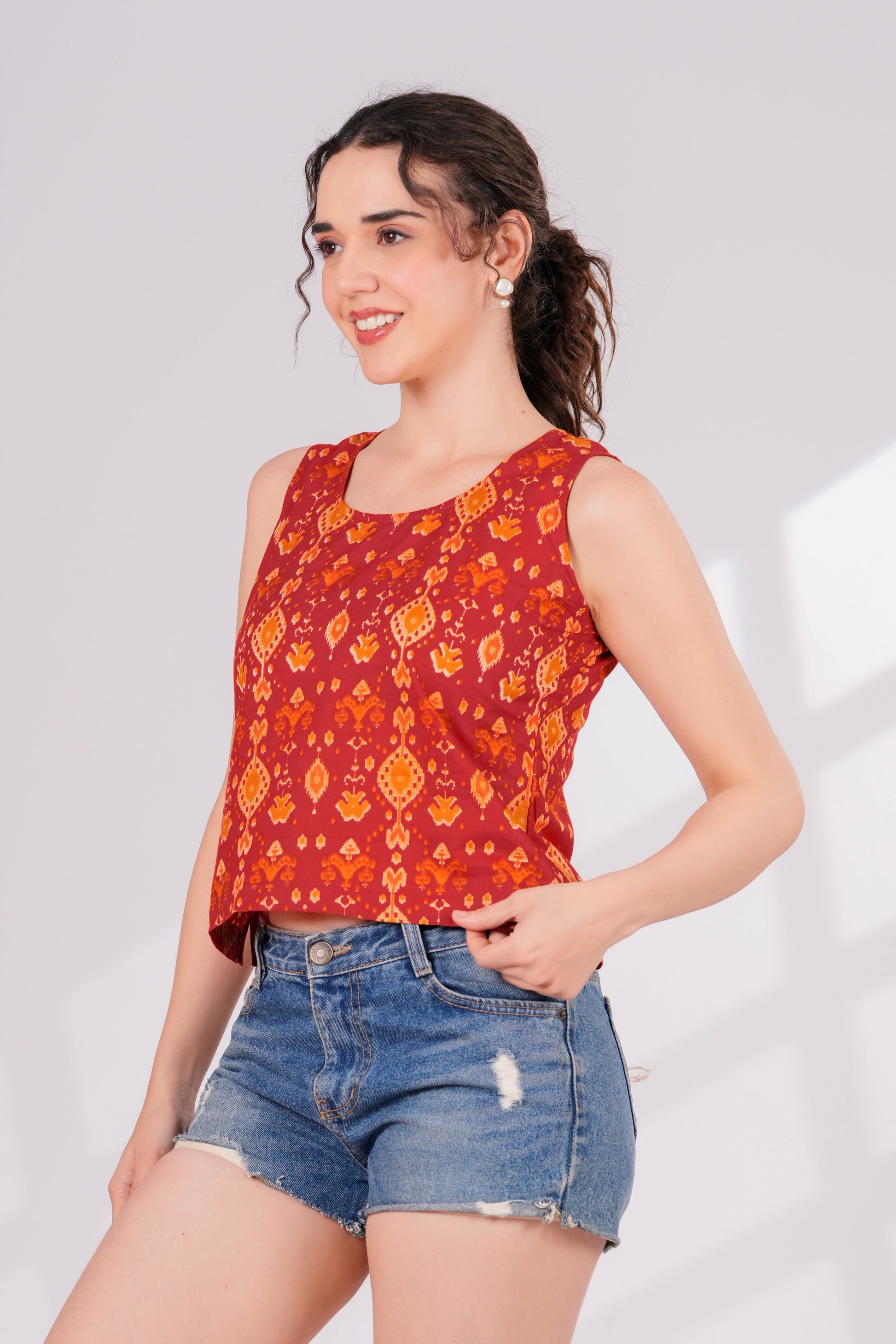 Orange Ikkat Back Key Hole Top | JOVI India