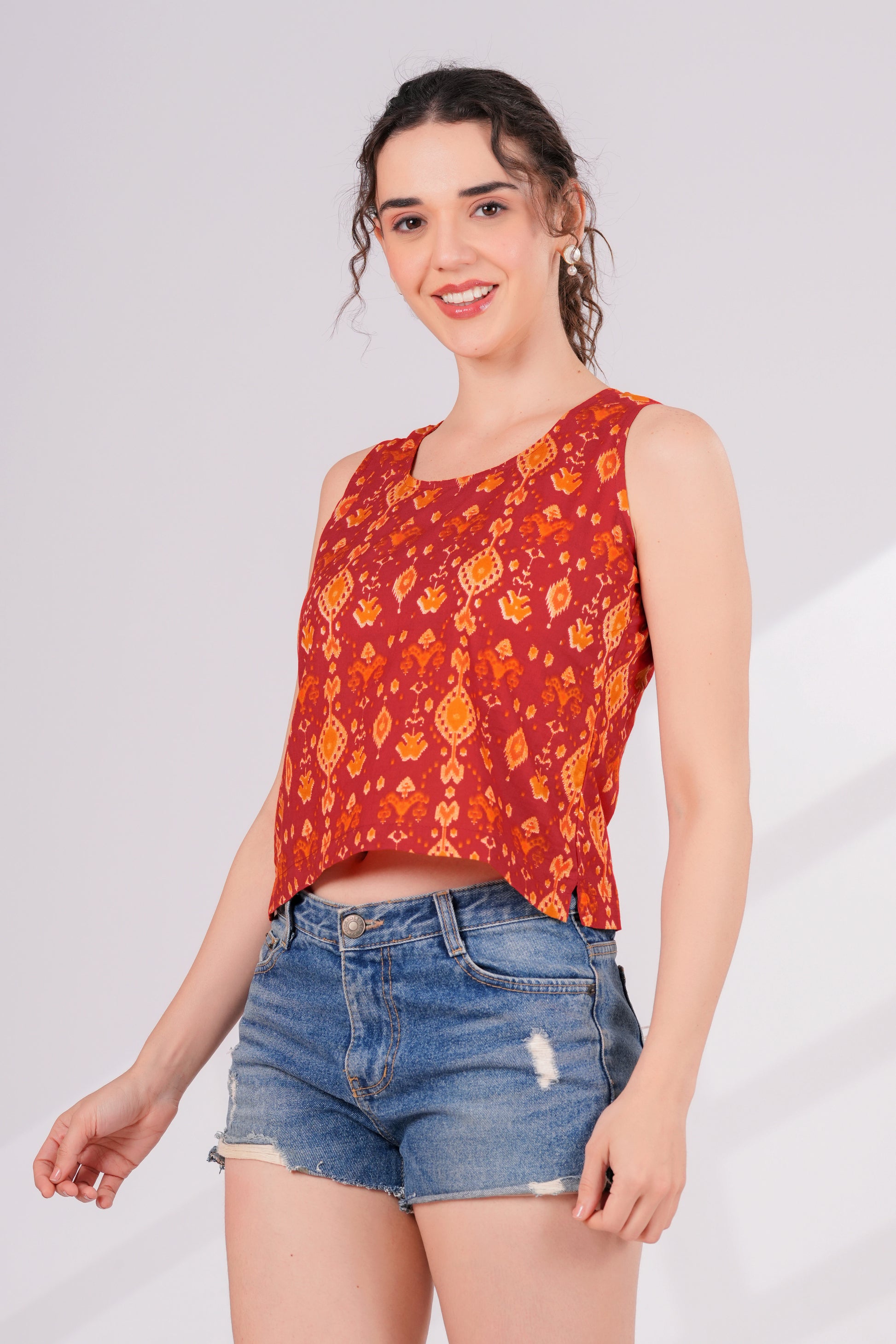 Orange Ikkat Back Key Hole Top | JOVI India