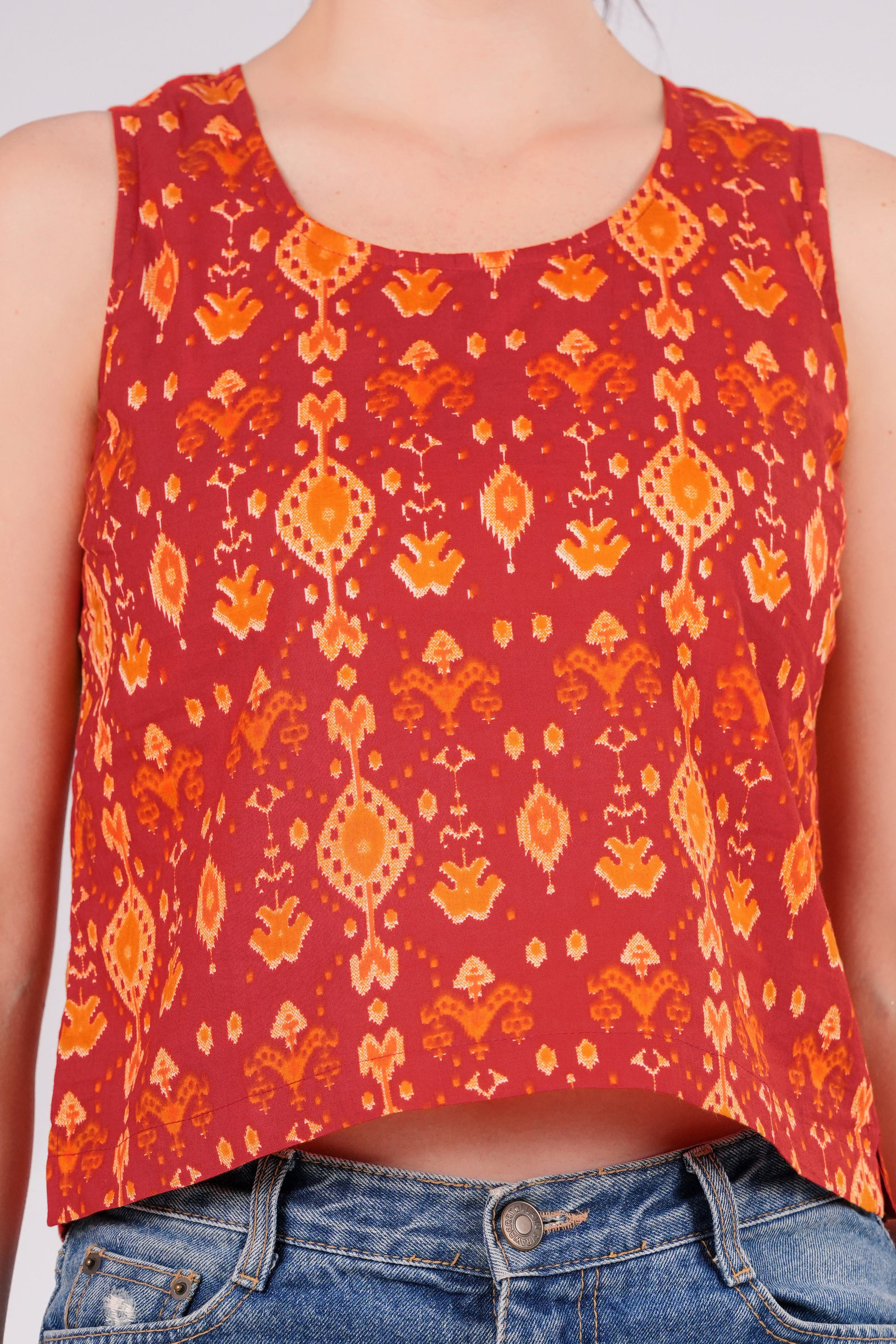 Orange Ikkat Back Key Hole Top | JOVI India