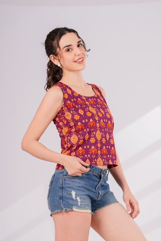 Wine Ikkat Back Key Hole Top | Jovi India