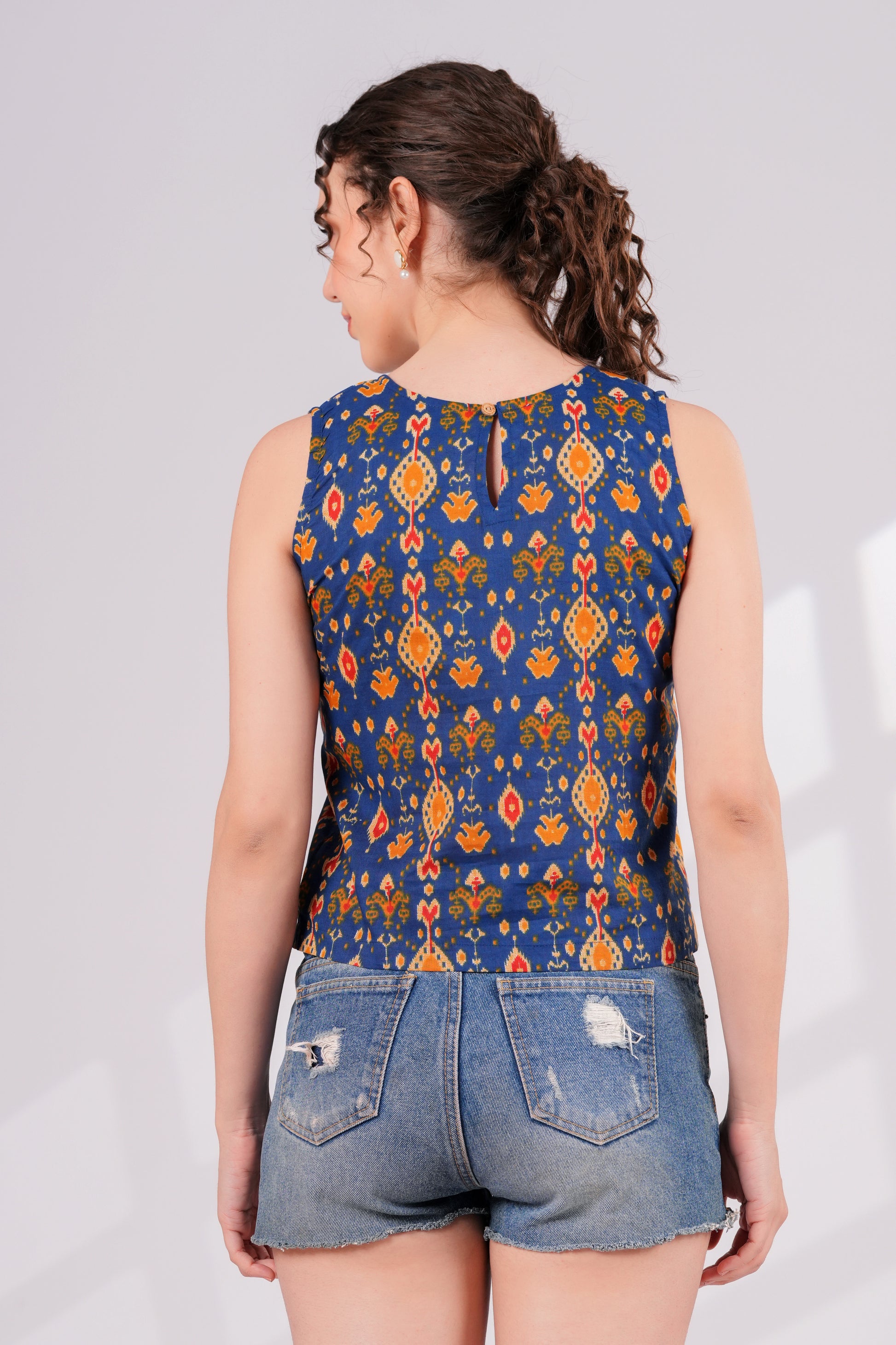Blue Ikkat Back Keyhole Top | JOVI India