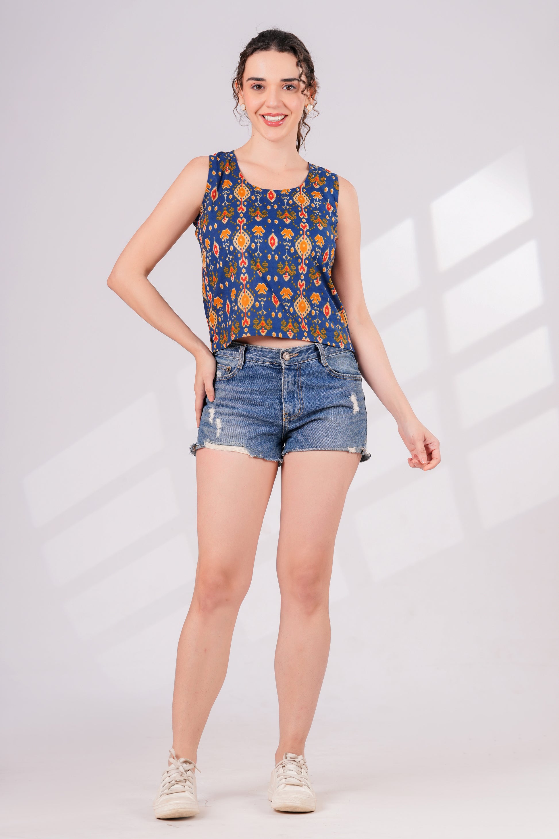 Blue Ikkat Back Keyhole Top | JOVI India