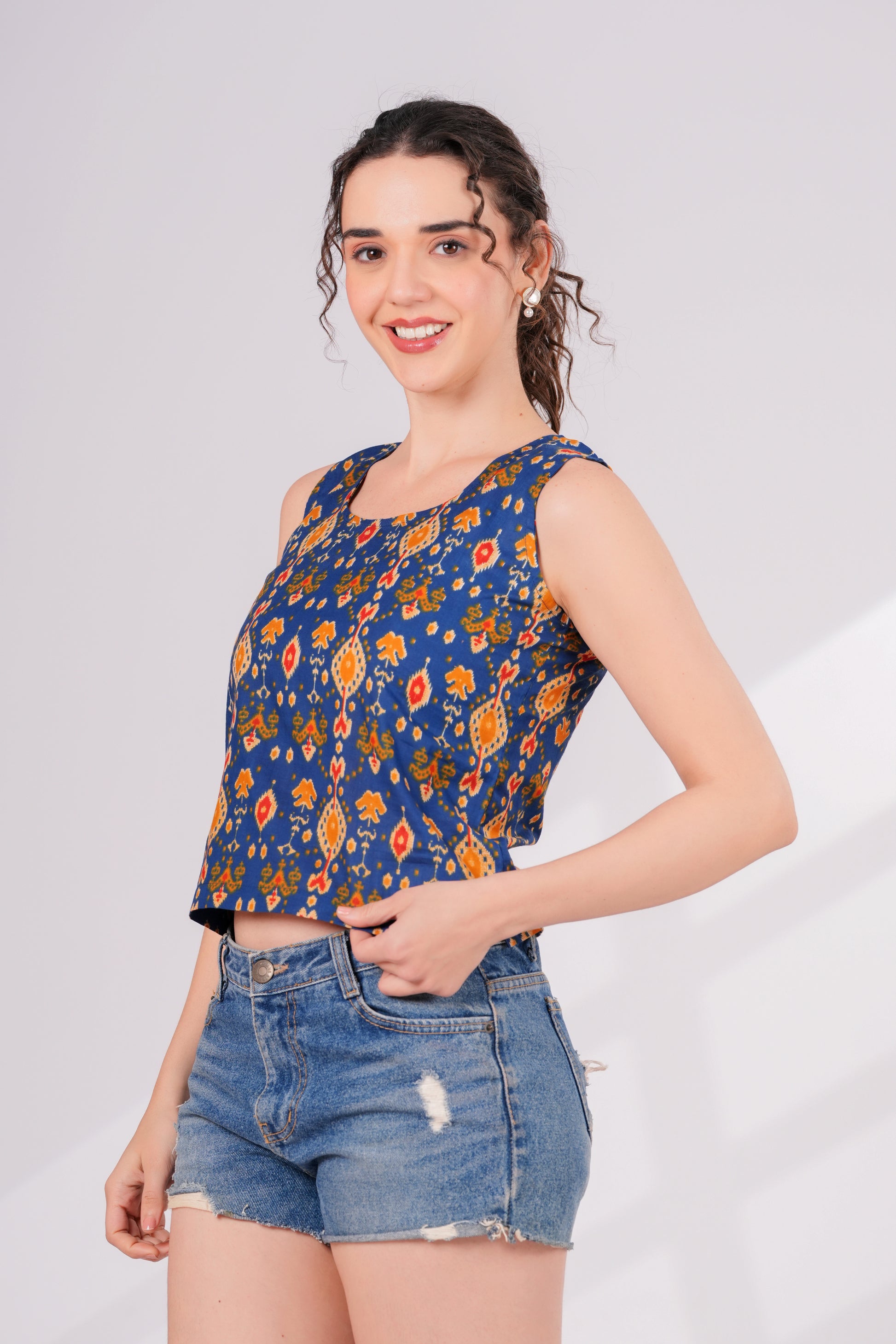 Blue Ikkat Back Keyhole Top | JOVI India