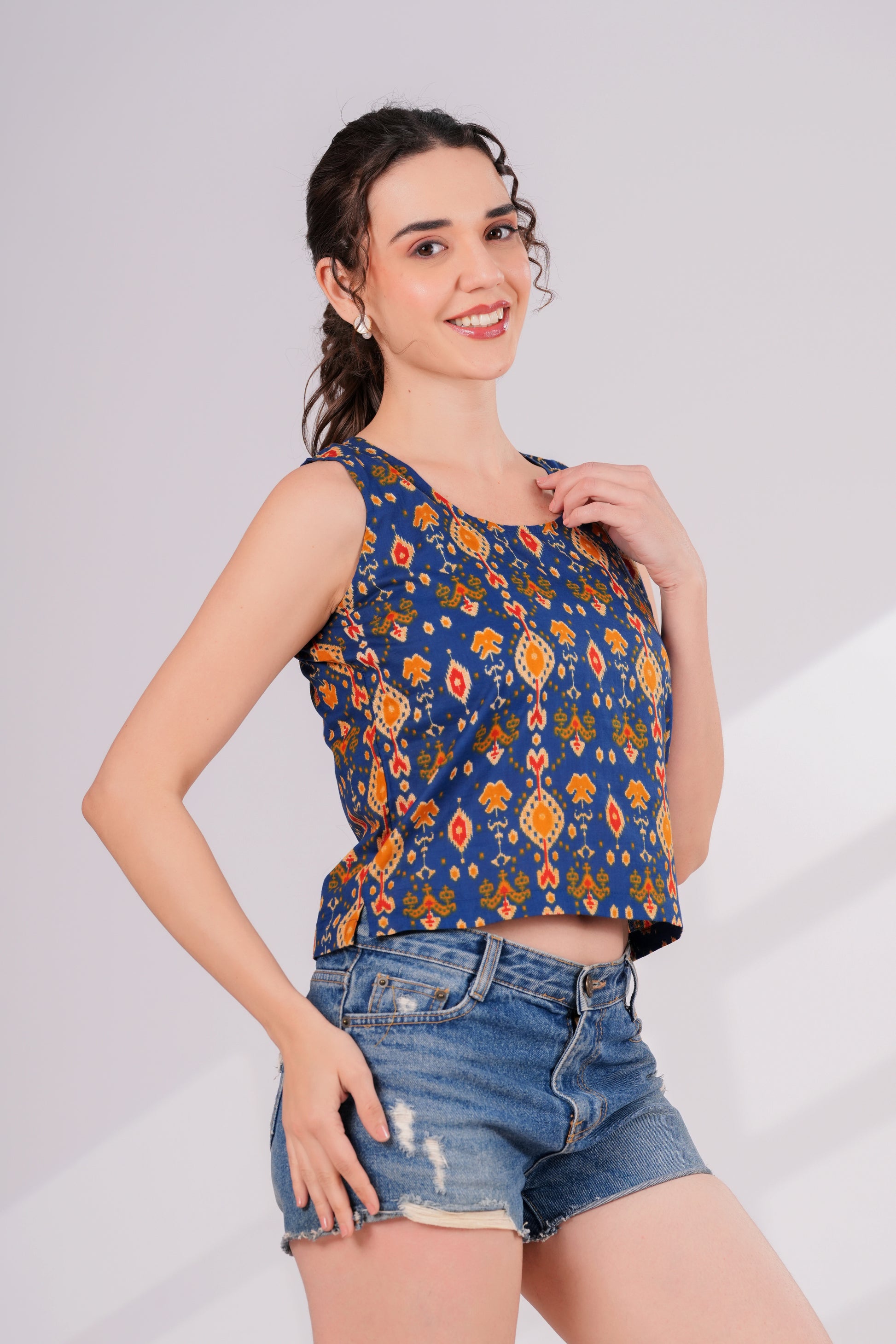 Blue Ikkat Back Keyhole Top | JOVI India