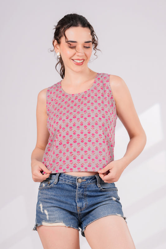 Grey Pink Floral Back Key Hole Top | Jovi India