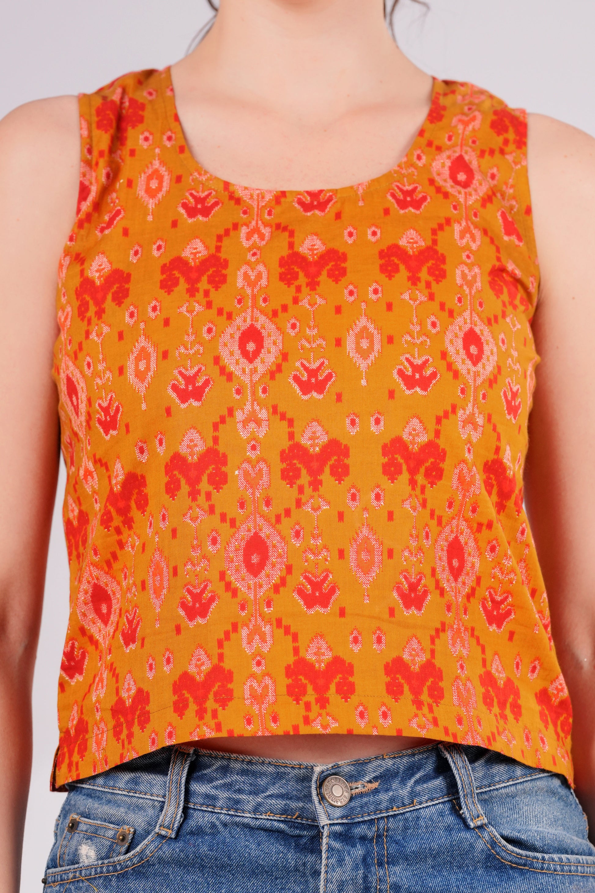 Mustard Ikkat Back Keyhole Crop Top | JOVI India