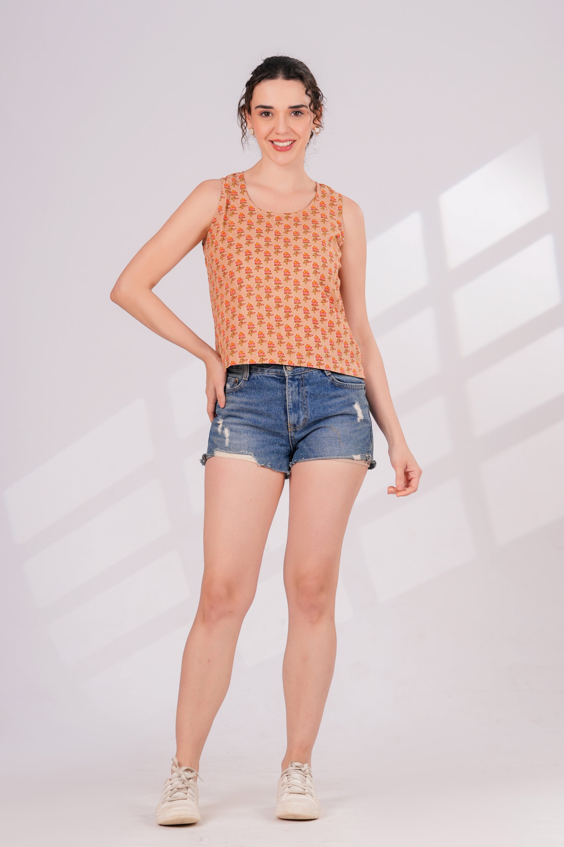 Orange Printed Back key Hole Top | JOVI India