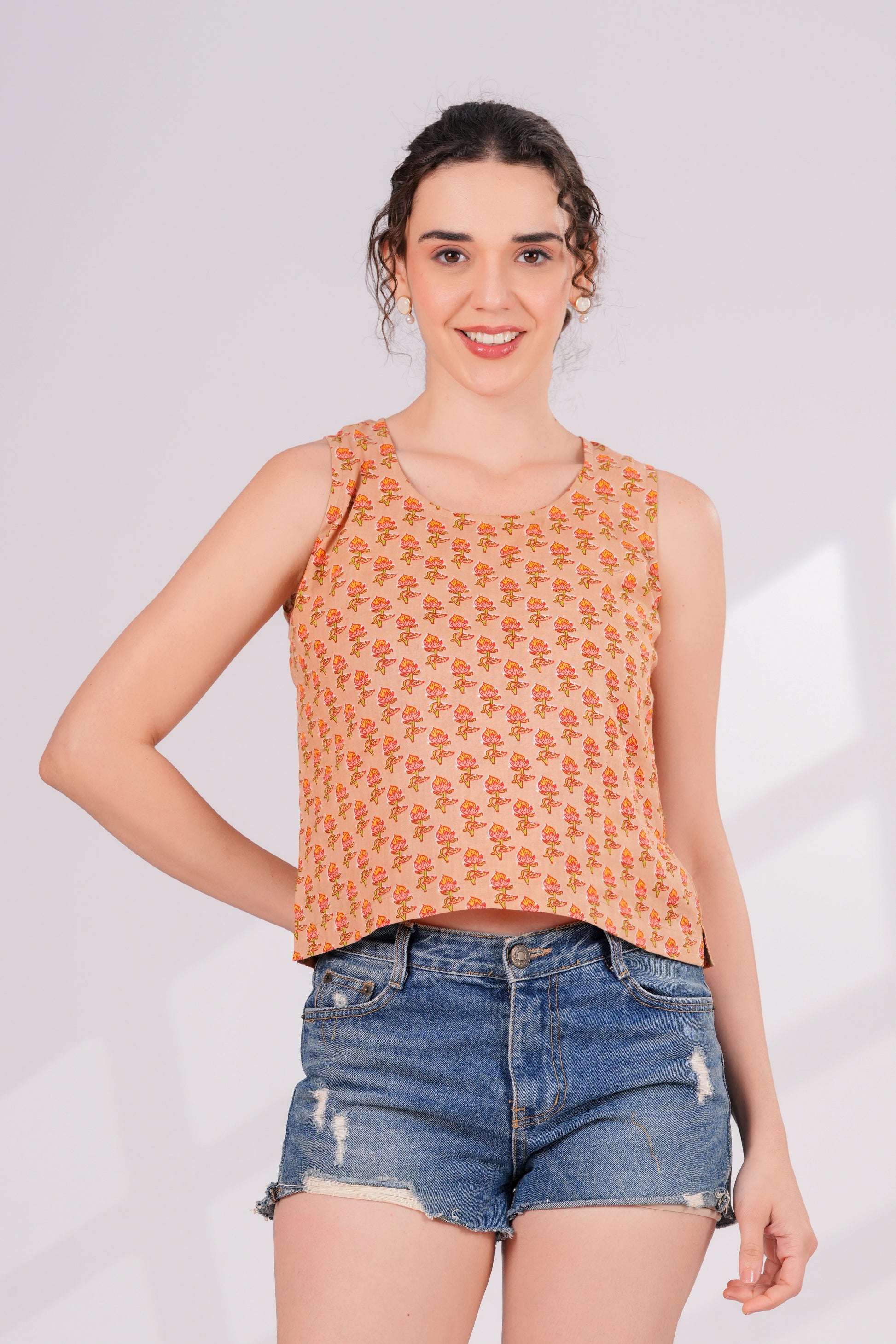 Orange Printed Back key Hole Top | JOVI India