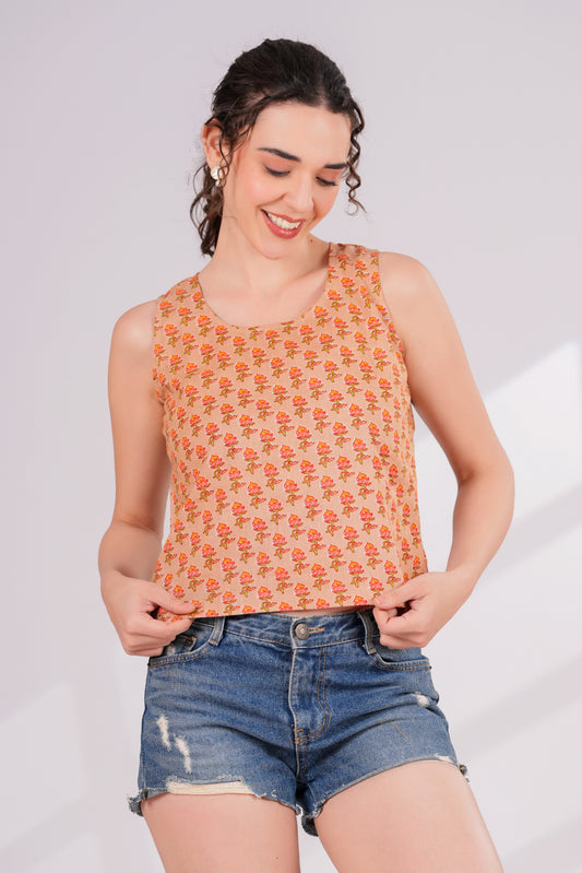 Orange Printed Back key Hole Top | Jovi India