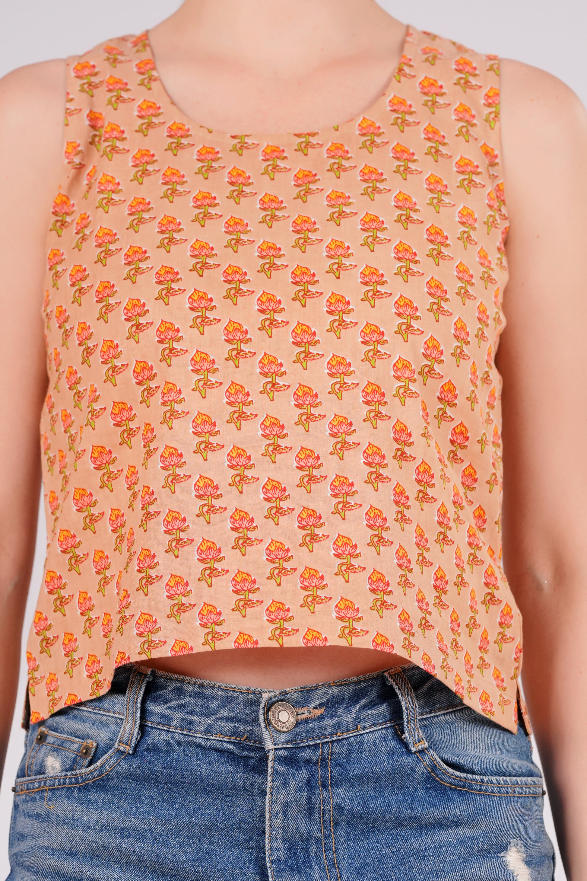 Orange Printed Back key Hole Top | JOVI India