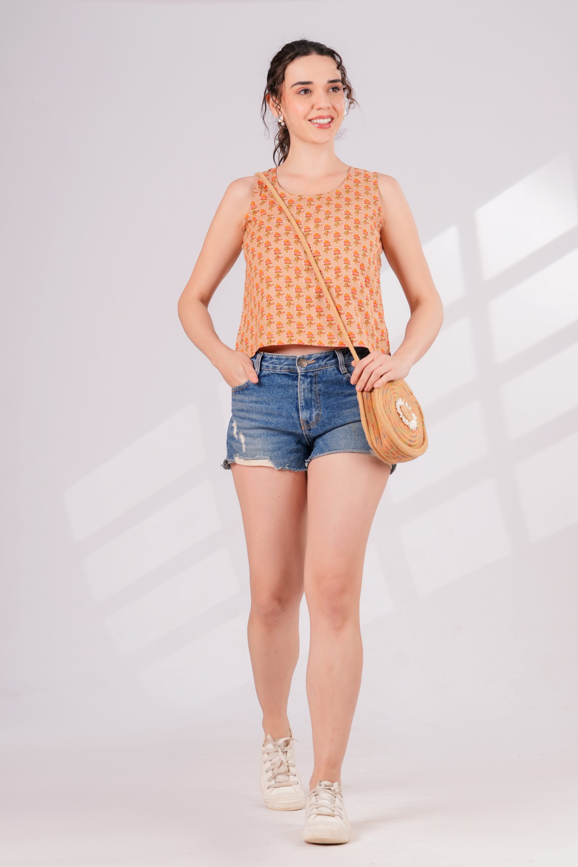Orange Printed Back key Hole Top | JOVI India