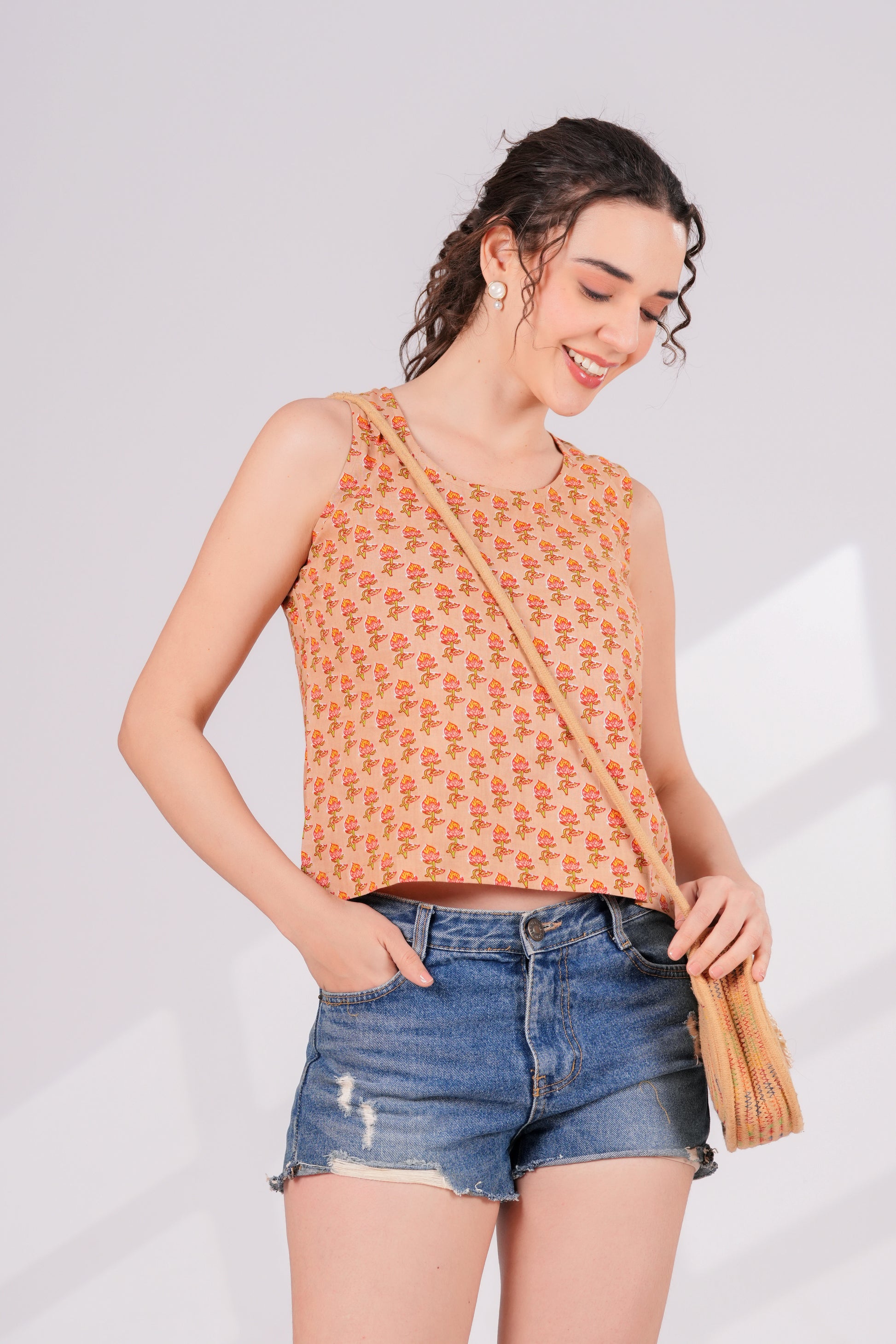 Orange Printed Back key Hole Top | JOVI India